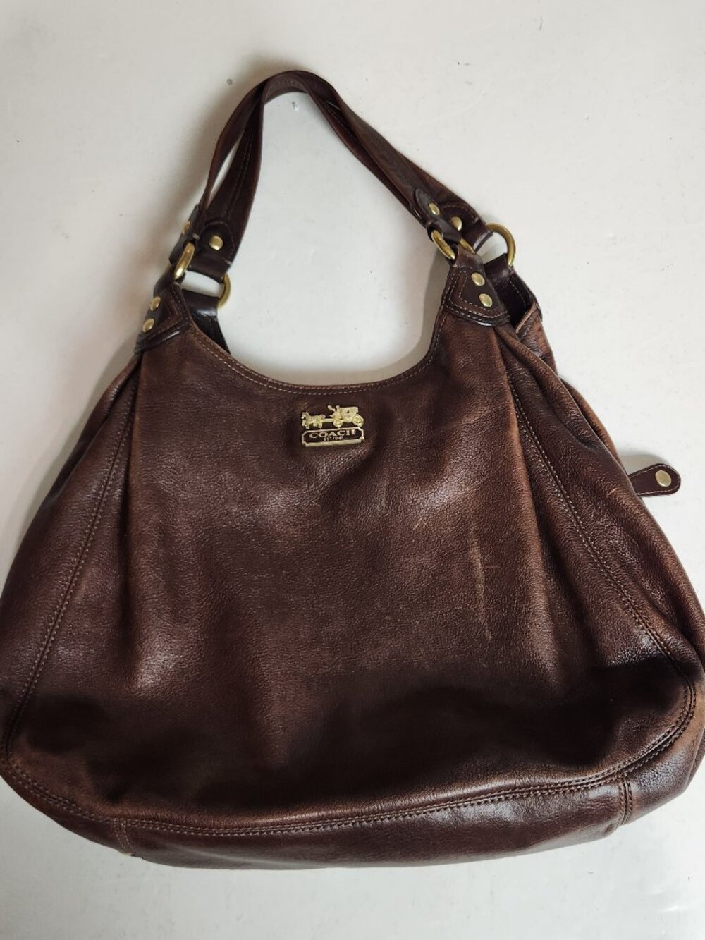 COACH Madison Maggie 14313 Brown Leather Shoulder Bag Purple Interior Gold Logo